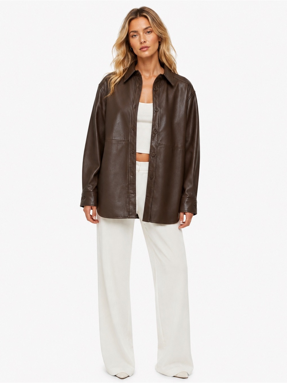 Babaton Aritzia Womens Faux Vegan Leather Shirt Jacket Brown Oversized Small